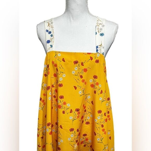 Zara Floral Square Neck Handkerchief Hem Yellow Swing Midi Dress - Picture 2 of 7